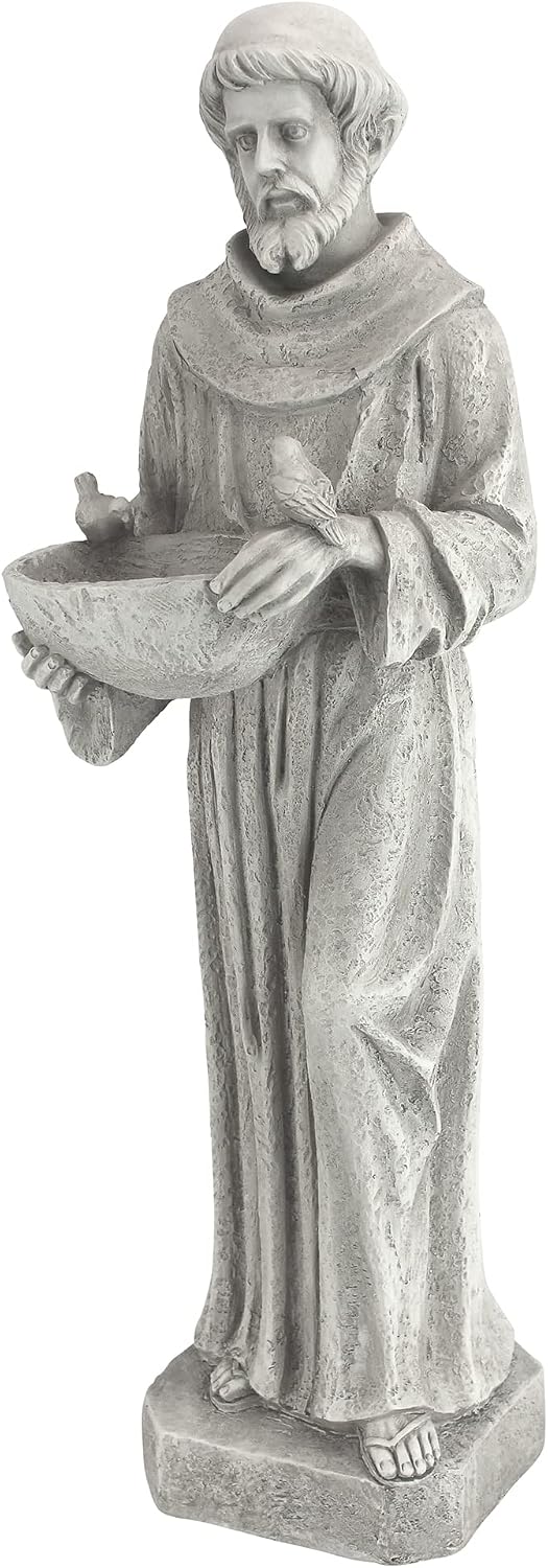 Design Toscano Francis of Assisi Blessing Religious Garden Decor Statue with Bird Bath Feeder, 19 inches Tall, Cast Stone Resin, Gray Stone Finish