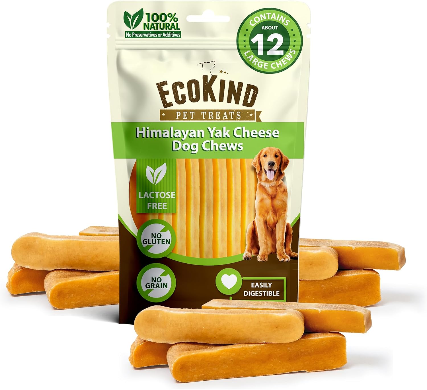 EcoKind Yak Cheese Himalayan Dog Chews, Yak Chews for Large Dogs, 4-5 Bones | 1 Lb, Long Lasting for Aggressive Chewers, Only 3 Ingredient Natural High Protein Dental Dog Treats, No Additives or Lactose