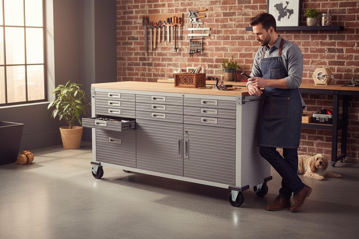 Heavy-Duty Rolling Workbench with Drawers and Cabinet, 77" W x 20" D x 37.5" H, (Red, 11 Drawer)