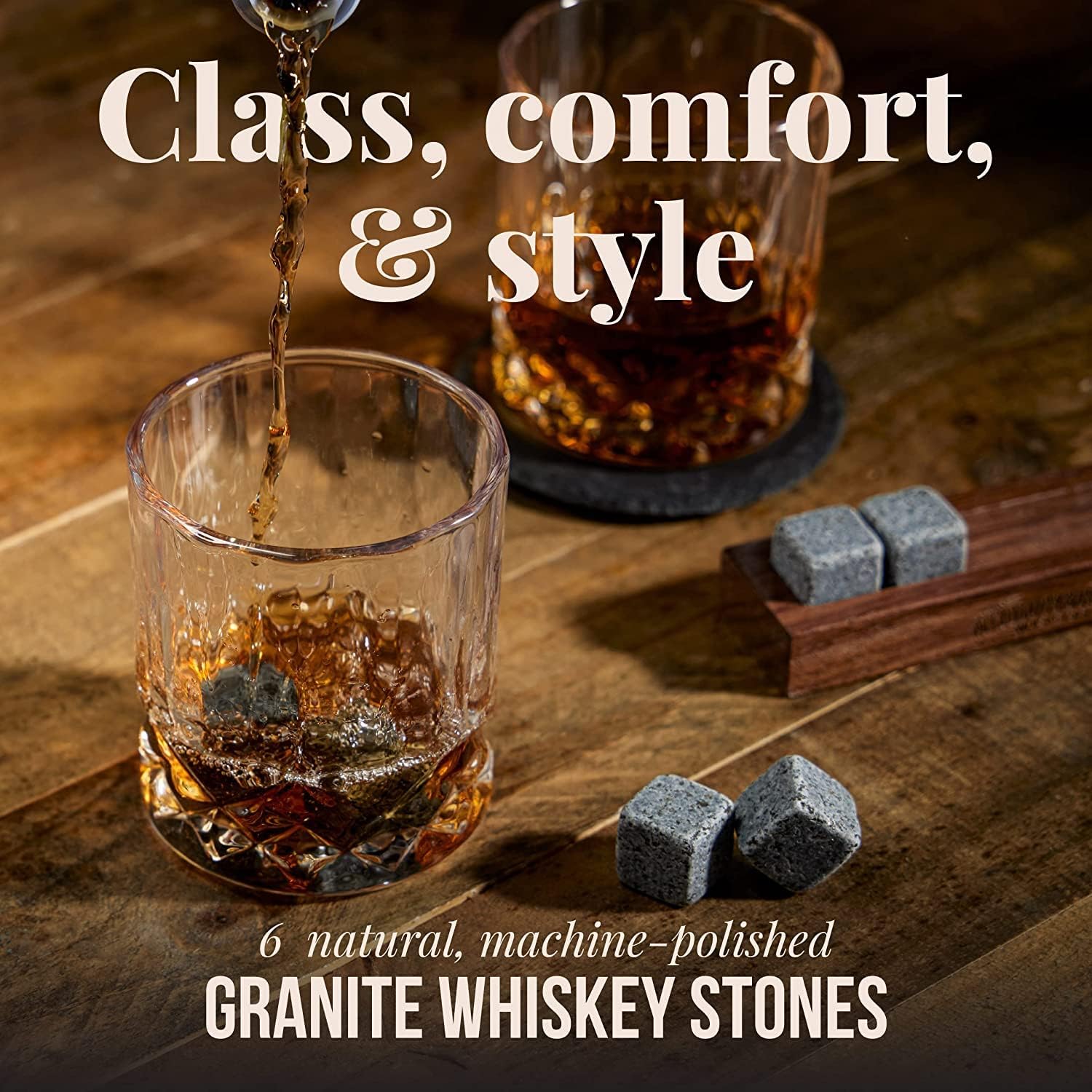 Mixology & Craft Whiskey Stones - Cube-Shaped Granite Chilling Whiskey Rocks Set of 6