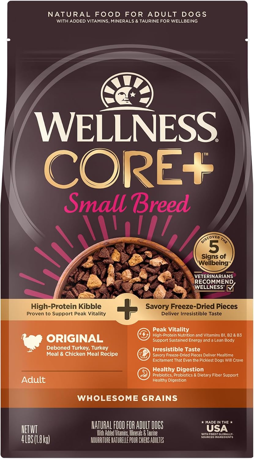 Wellness CORE+ Small Breed Adult Dry Dog Food with Freeze Dried Pieces, Wholesome Grain Kibble+, Natural, High Protein, Turkey and Chicken Recipe, 4 lb Bag