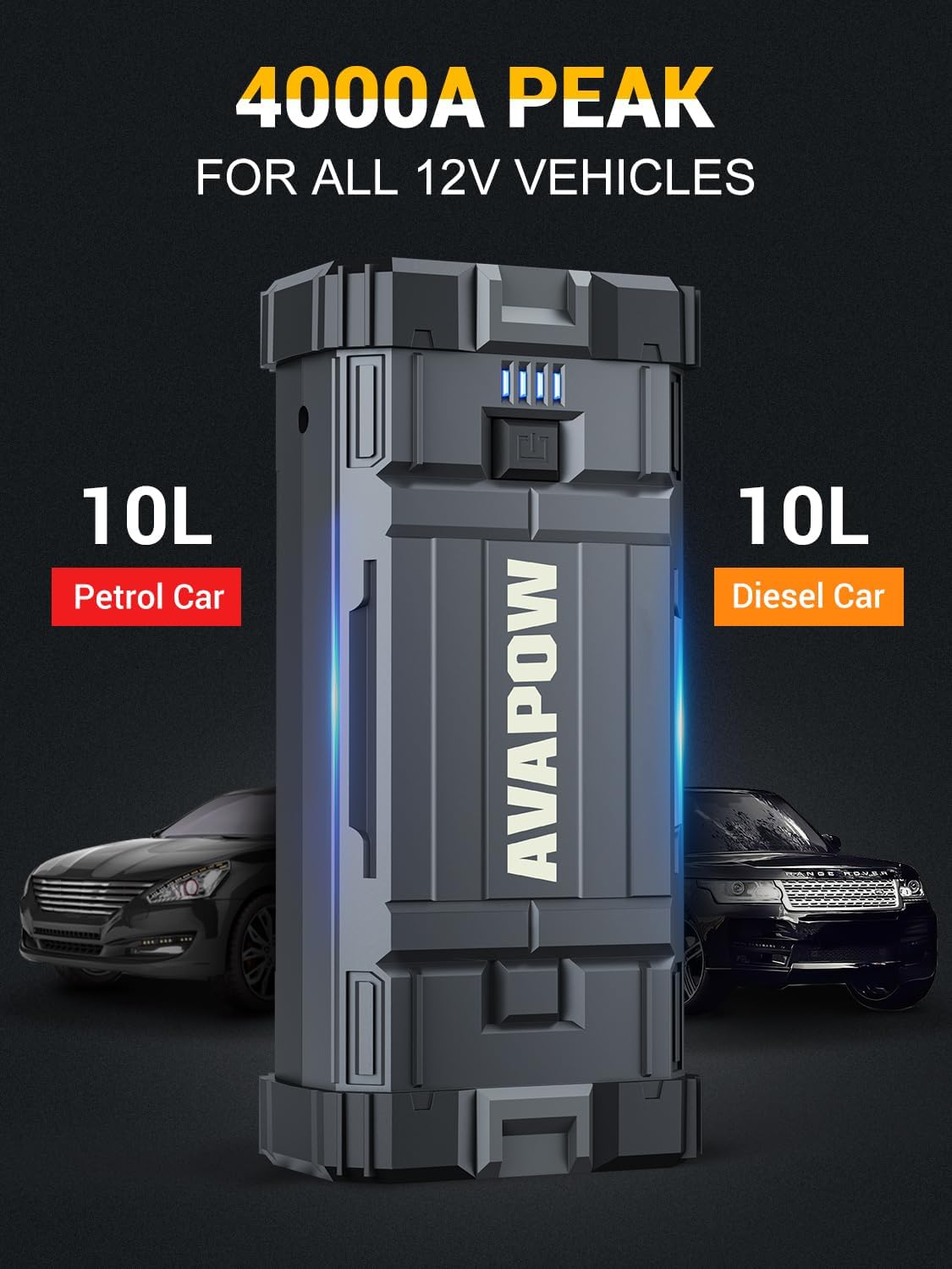 AVAPOW Car Jump Starter, 4000A Peak Battery | For All Gas or Up to 10L Diesel, Portable Booster Power Pack, 12V Auto Jump Box with LED Light