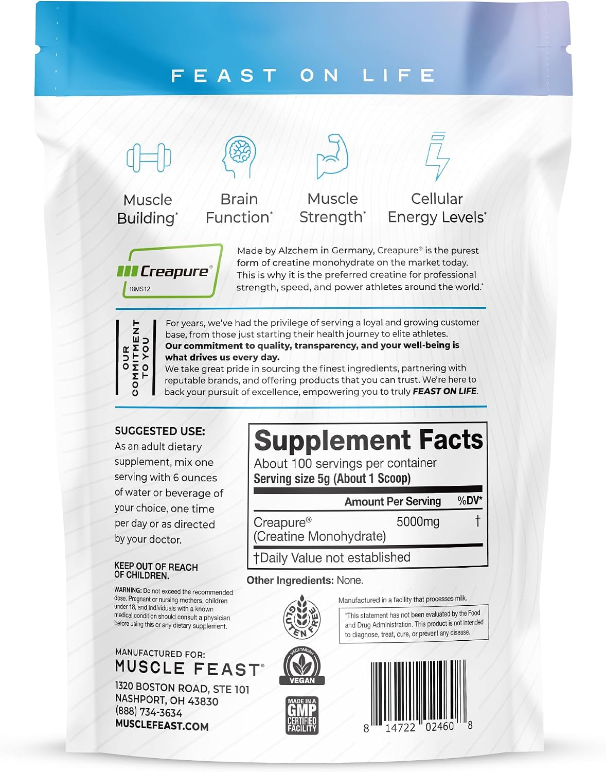 Muscle Feast Creapure Creatine Monohydrate Powder, Unflavored (300g) | Vegan, Non-GMO, Keto Friendly Mass Gainer, Muscle Recovery Supplement & Trusted Creatine for Muscle Growth, Creatine Powder