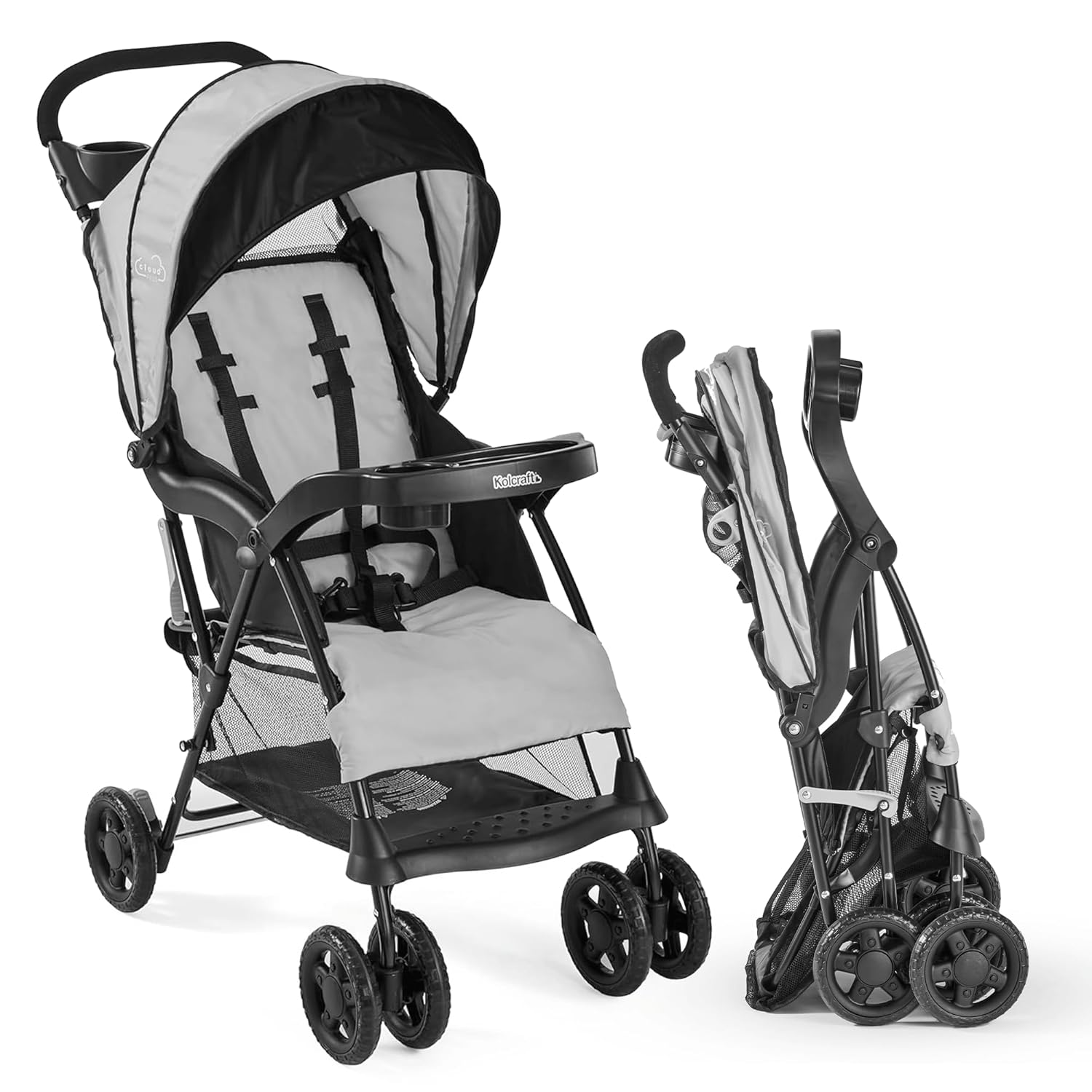 Kolcraft Cloud Plus Lightweight Umbrella Stroller for Toddlers with Reclining Seat, Large Storage Basket, Canopy, Infant & Parent Trays