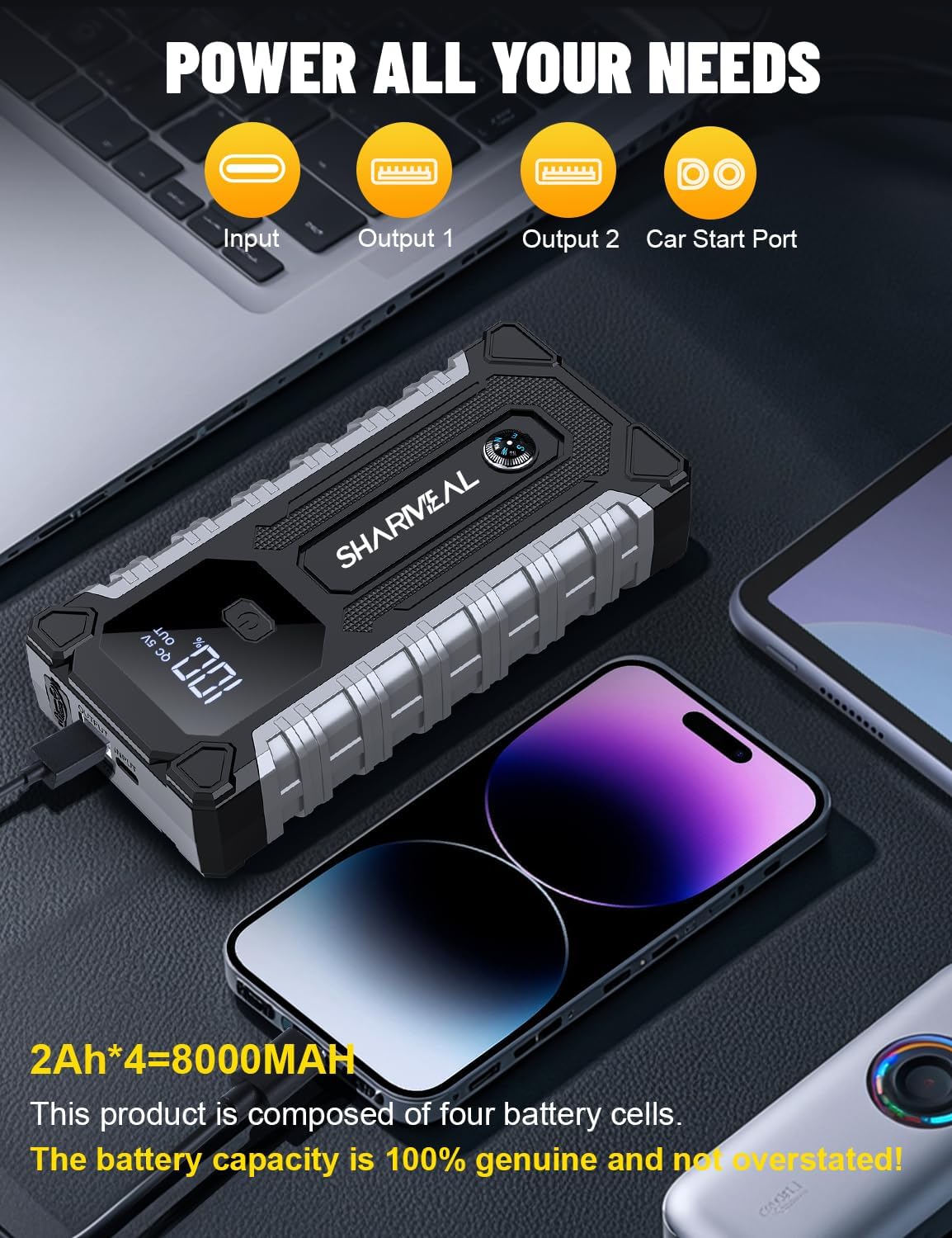 Sharmeal Car Jump Starter 7000A, Jump Starter Battery Pack for All Gas and 12.0L Diesel, 12V Portable Jump Box with LED Light