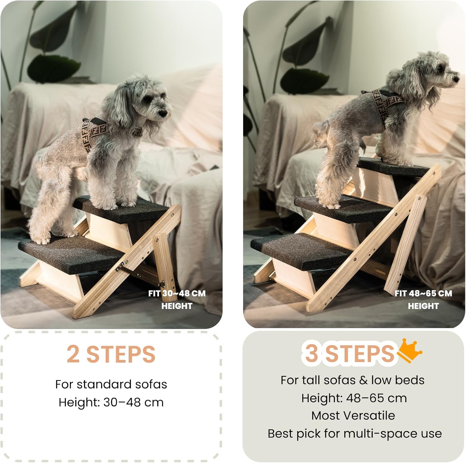 MEWANG Wood Pet Stairs & Ramp for Small/Medium Dogs & Cats, Aging Pets – 2-in-1 Foldable, Portable, Non-Slip Pet Ladder for Tall Beds, Couches
