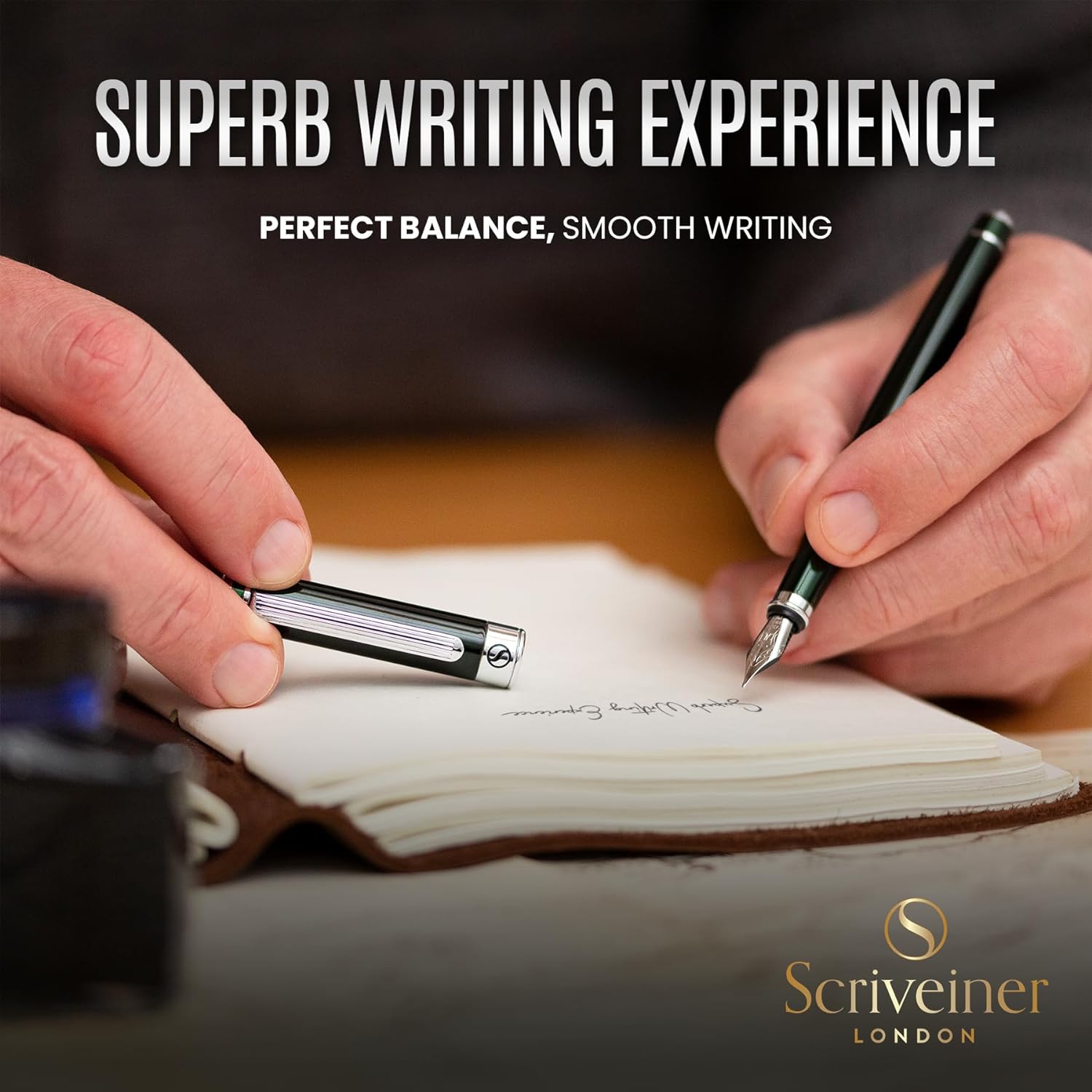 Scriveiner Silver Chrome Fountain Pen - Stunning Luxury Pen, Real Gold Finish Schmidt Gilded Nib (Medium), Best Pen Gift Set for Men & Women
