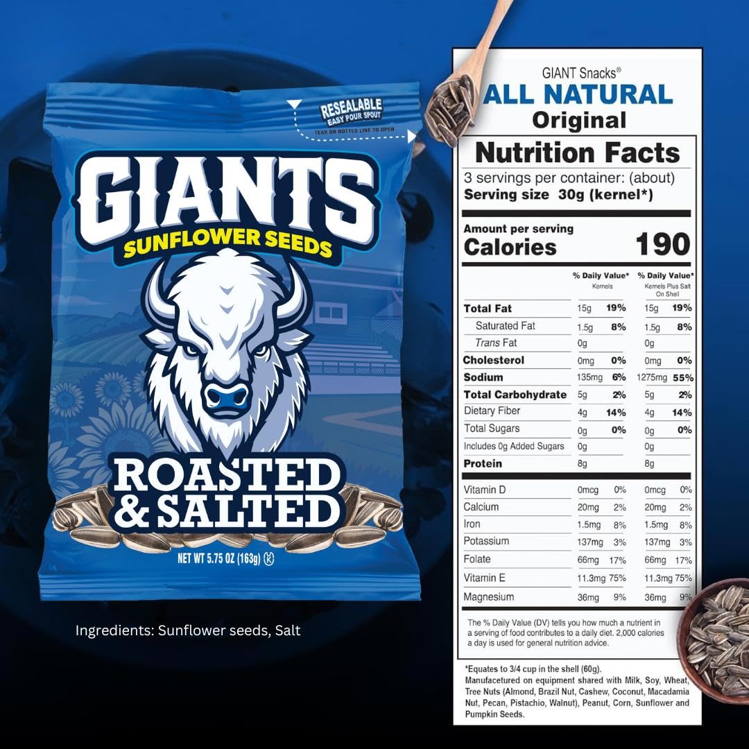 GIANTS Original Sunflower Seeds - Sunflower Seeds to Eat, Sunflower Seeds Bulk, Lightly Salted Sunflower Seeds for Eating, High Protein Snack - 5.75 oz Resealable Bags (Case of 12)