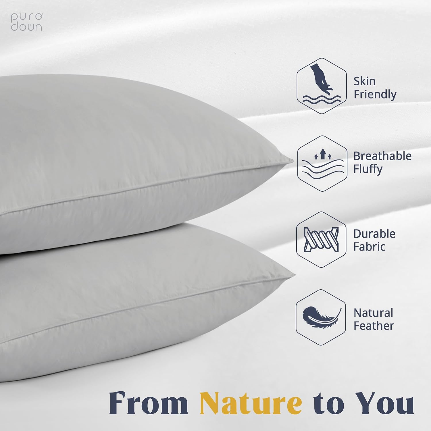 puredown® Goose Feathers and Down White Pillows with 100% Cotton Cover, Bed Sleeping Hotel Collection Pillows Set of 2, Standard Size