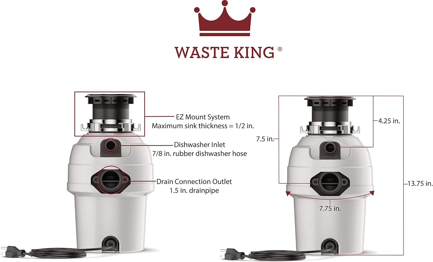 Waste King L-3200 Garbage Disposal with Power Cord, 3/4 HP & King 1025 EZ Mount Garbage Disposal Stopper and Splash Guard, Black