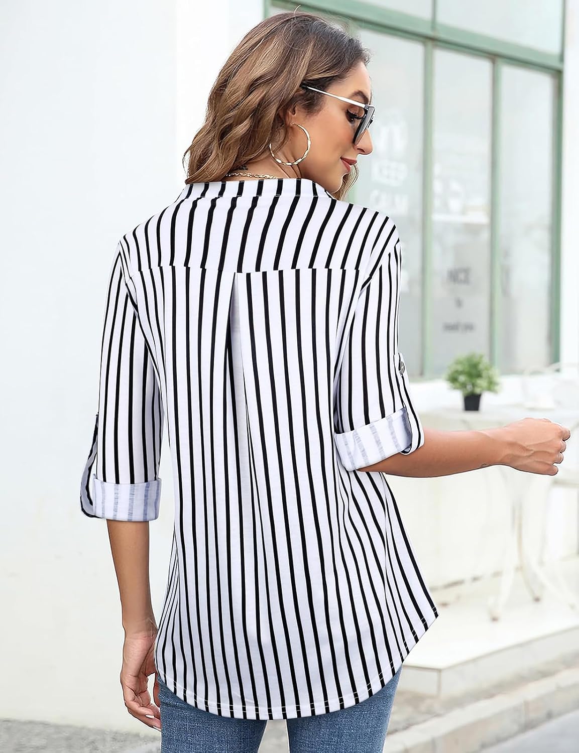 Tanst Sky Womens Casual Long Sleeve Zipped V Neck Plaid Tunic Blouses