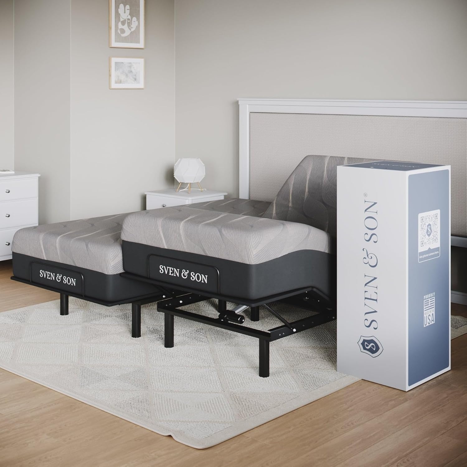 Sven and Son Essential Adjustable Bed Base (Frame) + 12 inch Memory Foam Matt (Medium), Easy Assembly, Head and Foot Lift, Memory Positions