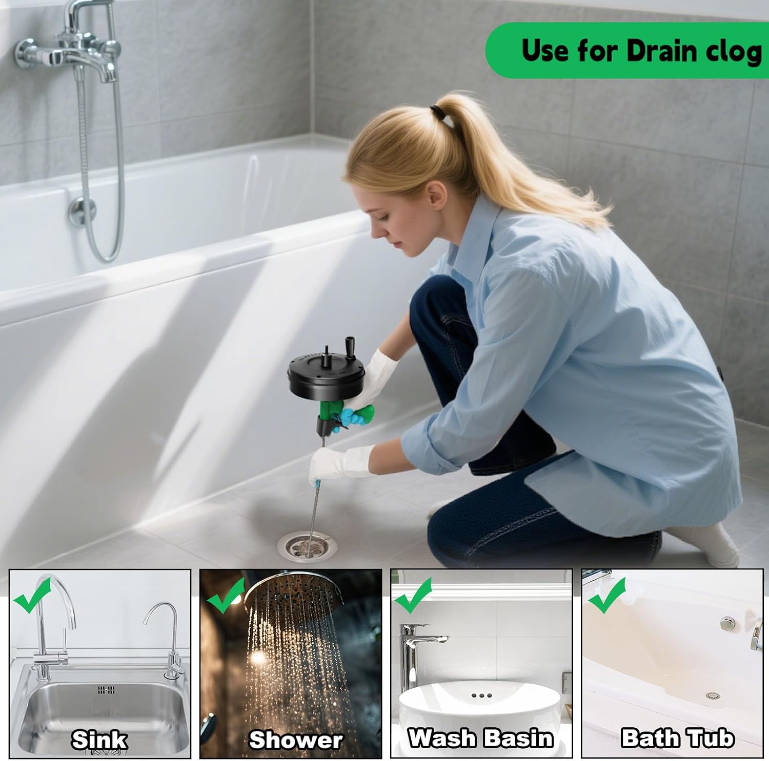 50 Ft Drain Snake, Fast Unclog Snake, 1/4 Inch, Green | Manual & Electric Plumbing Snaker for Shower Sink, Toilet and Kitchen