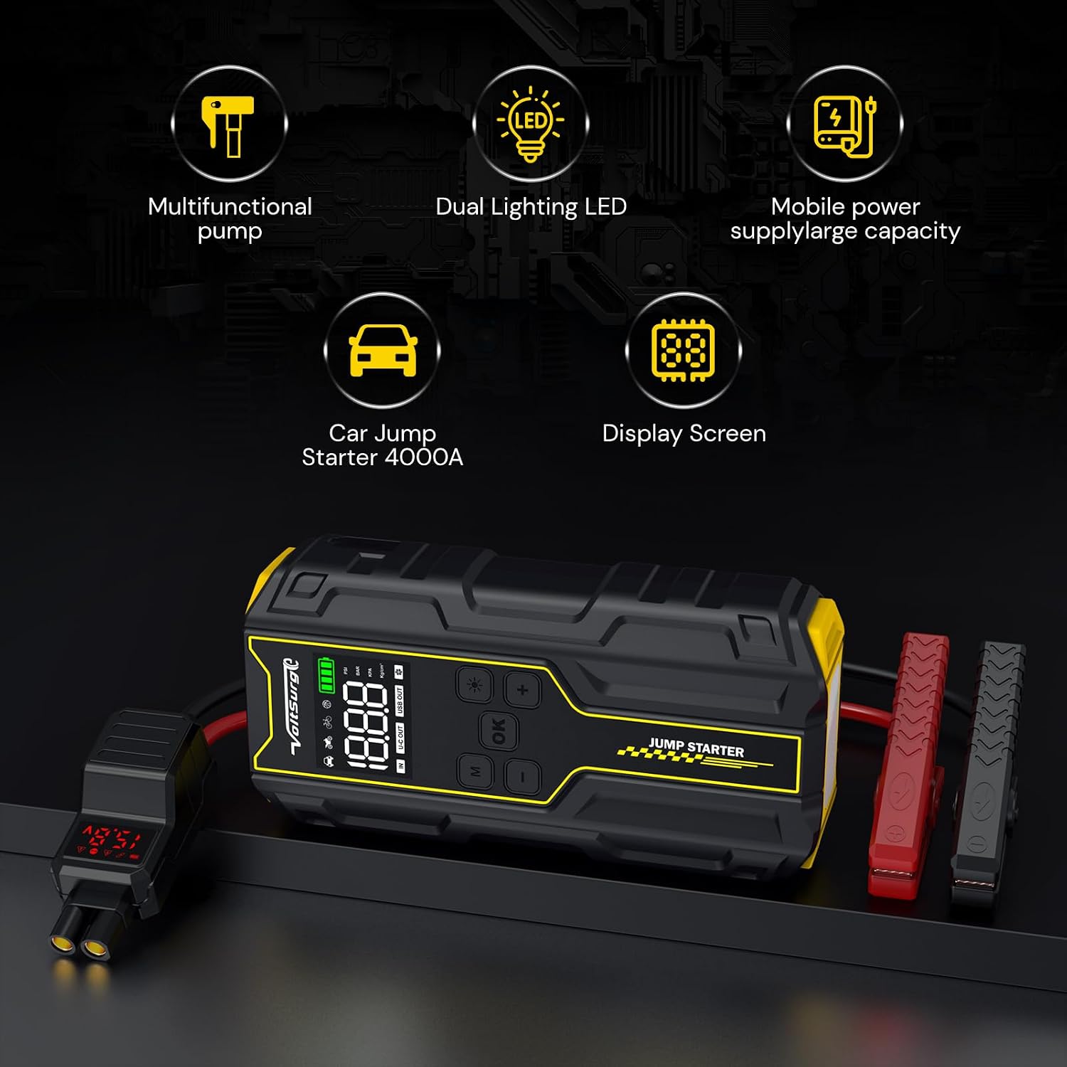 Car Jump Starter with Air Compressor, VoltSurge 6000A Peak 12V Battery Jumper Starter Portable Booster Pack