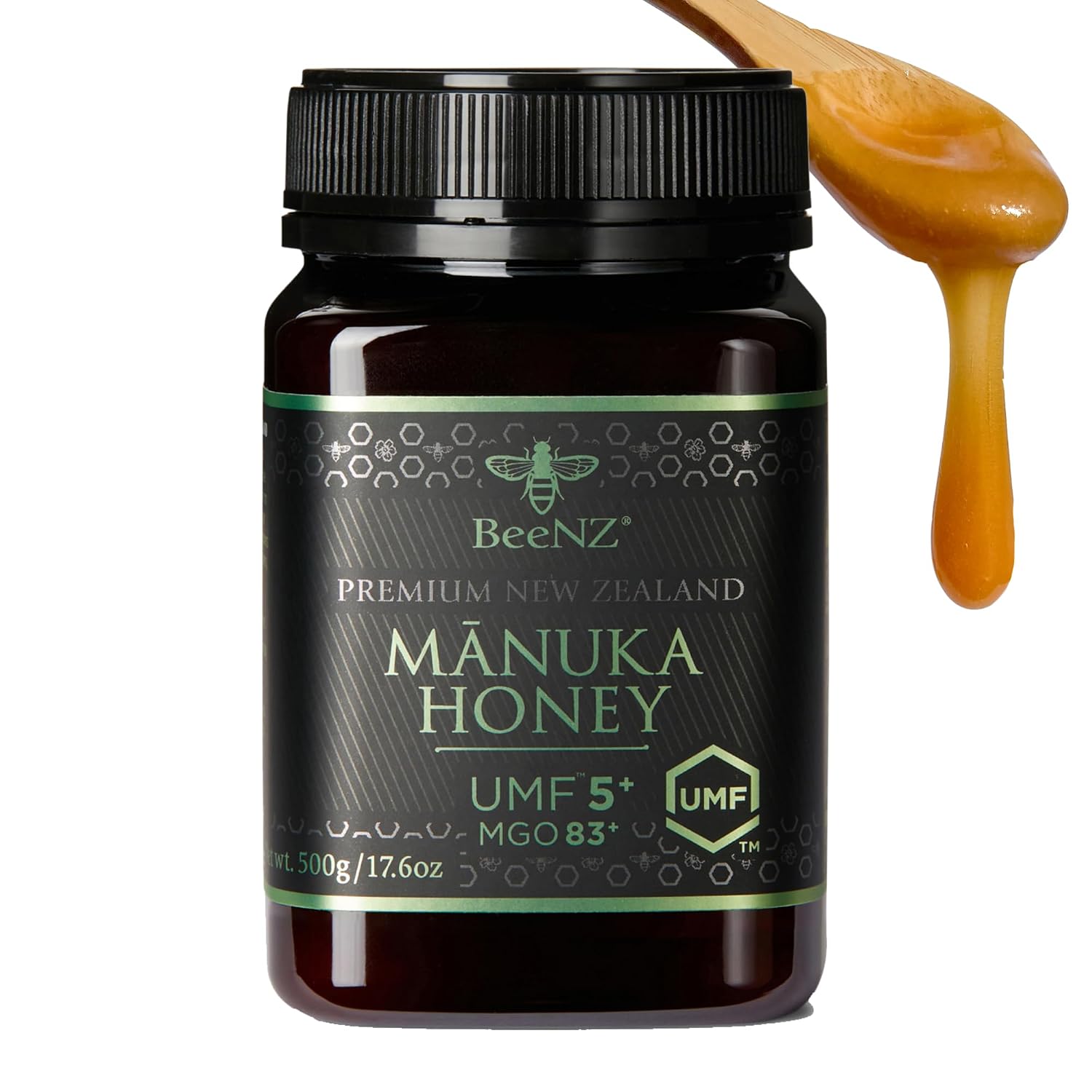 BeeNZ Raw Mānuka Honey, Certified UMF 5+ (MGO 83+), Pure New Zealand Monofloral Mānuka, Natural Sweetener, Superfood for Daily Wellness Support, No Sugar Added, Traceable from Hive to Jar, 17.6 oz/500g