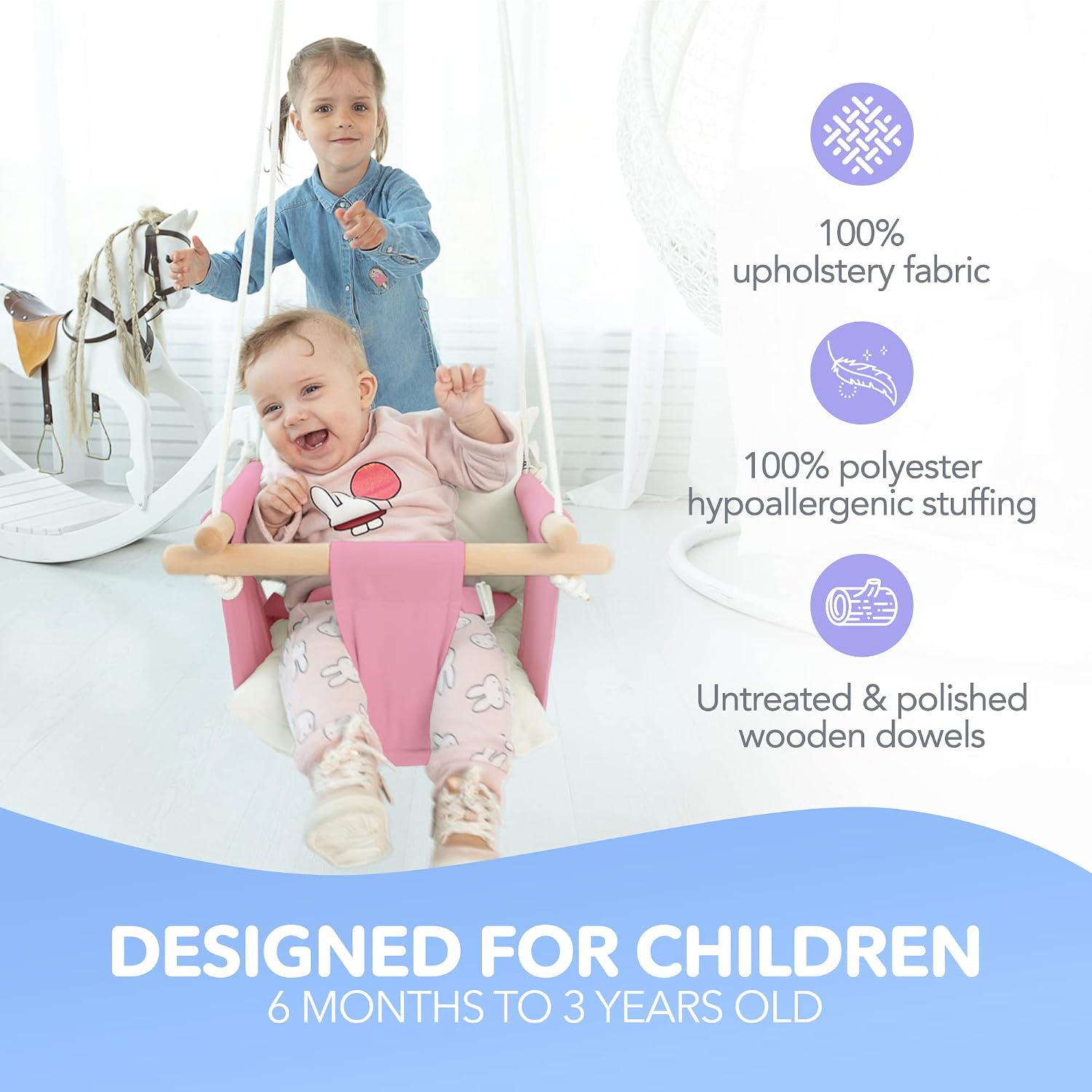 CaTeam Canvas Baby Swing Seat with 5-Point Safety Belt — Wooden Hanging Toddler Swing, Indoor & Outdoor, Ages 1-4, Ceiling Mount Hardware Included