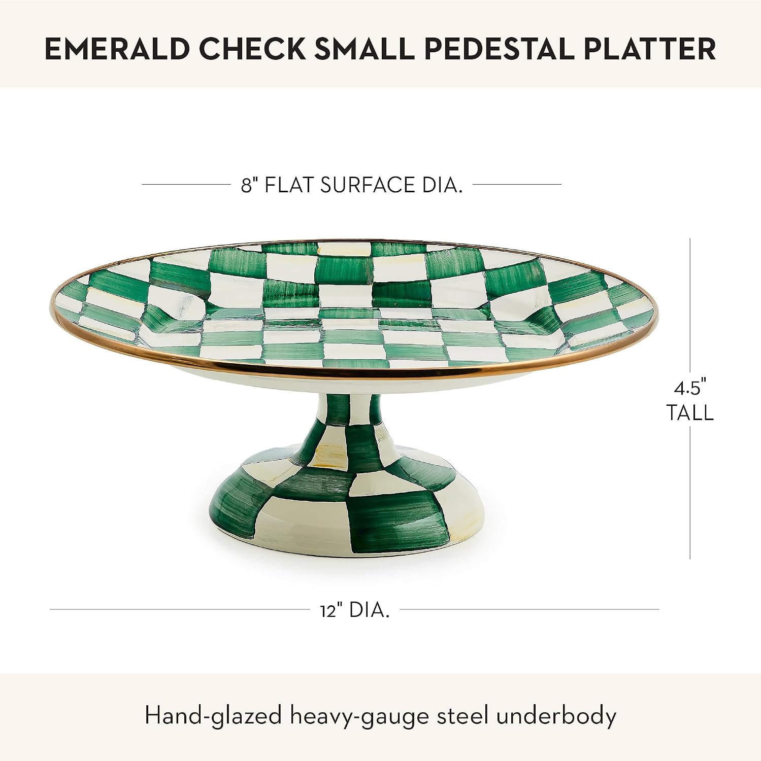 MACKENZIE-CHILDS Pedestal Platter, Mini, Black-and-White Courtly Check | Hand-painted design, made from enameled steel, stackable round cake stand for serving desserts, 8" dia. x 3" H