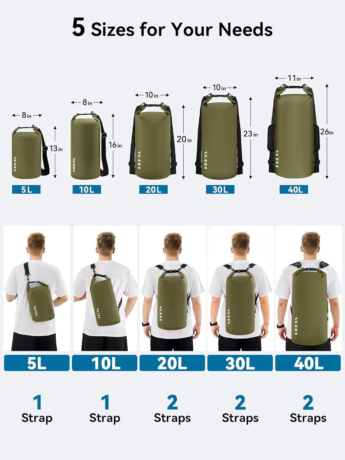 HEETA Waterproof Dry Bag Backpack with Emergency Whistle 5L/10L/20L/30L/40L