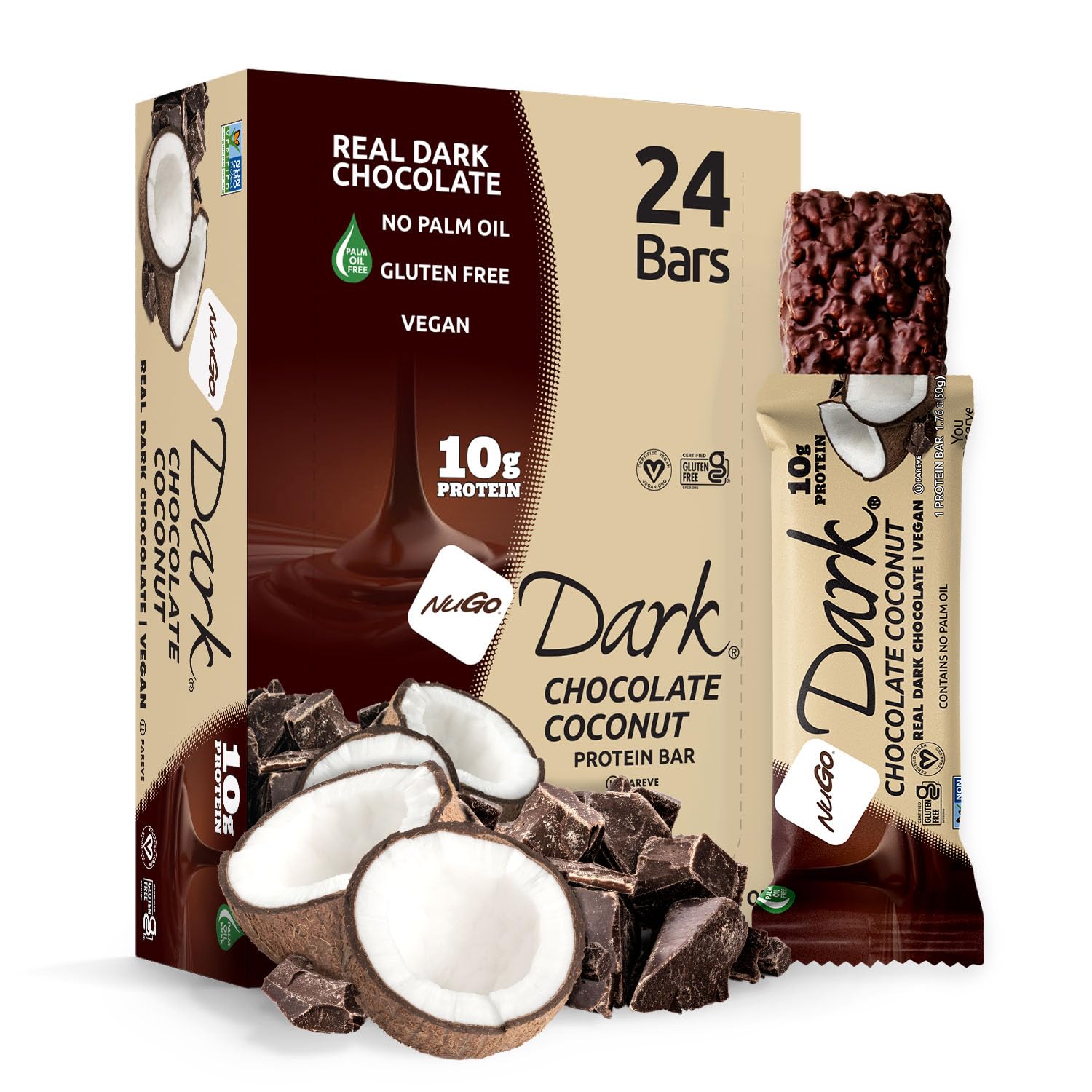 NuGo Dark, Mint Chocolate Chip, 13g Vegan Protein Bar, Gluten Free, 24 CT