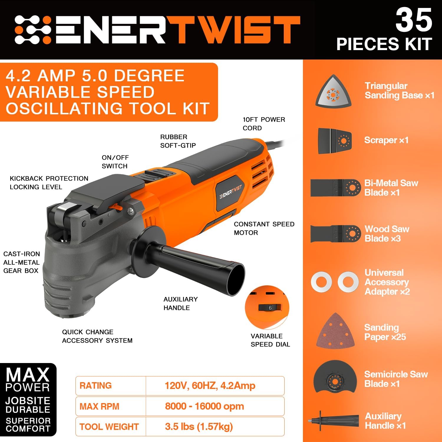 ENERTWIST 4.2 Amp Oscillating Multitool Kit with 31pcs Saw Accessories