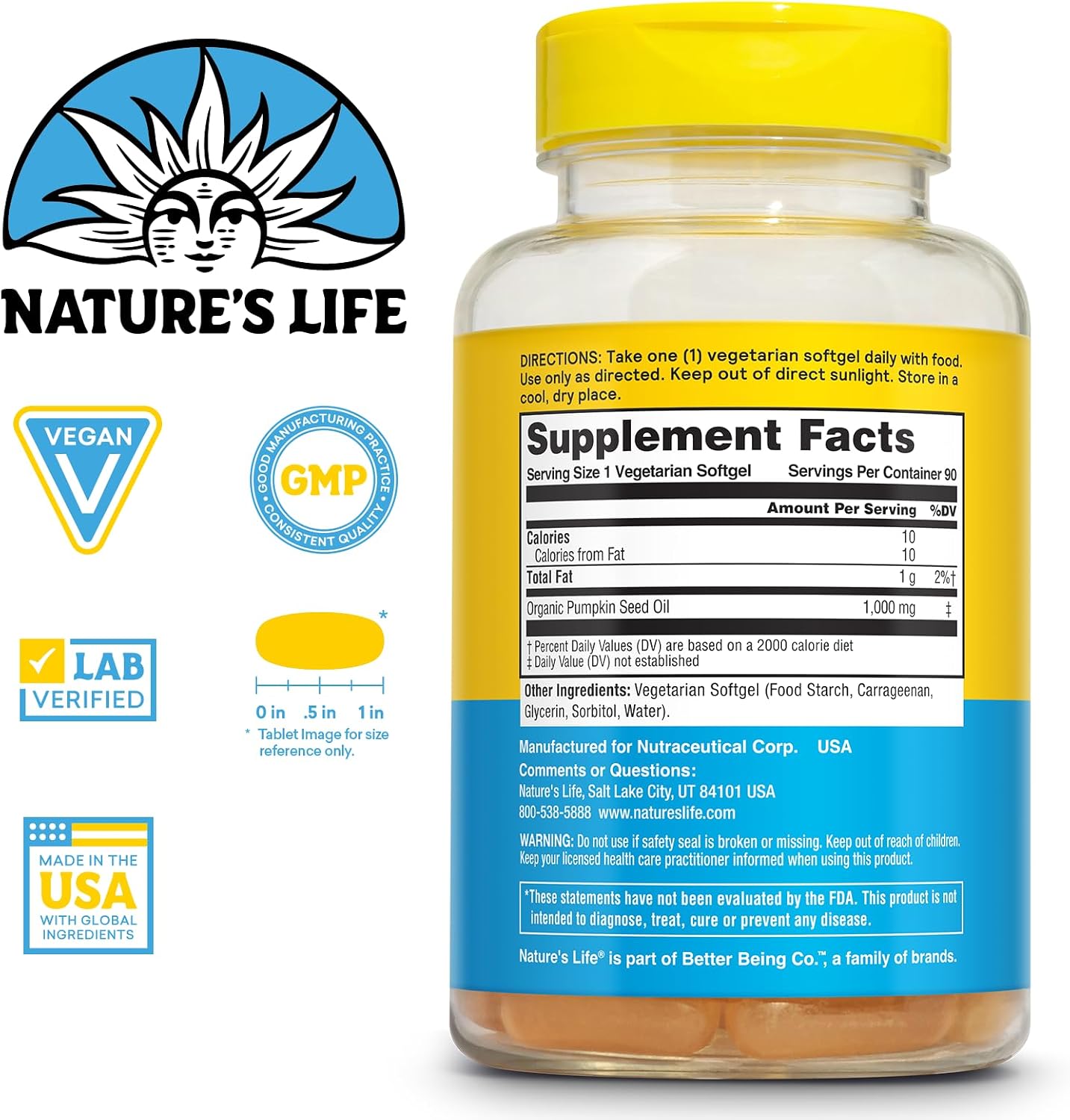 Nature's Life Pumpkin Seed Oil Supplement - Source of Omega 3 6 Essential Fatty Acids and Antioxidants - Cold Pressed from Organic Pumpkin Seeds