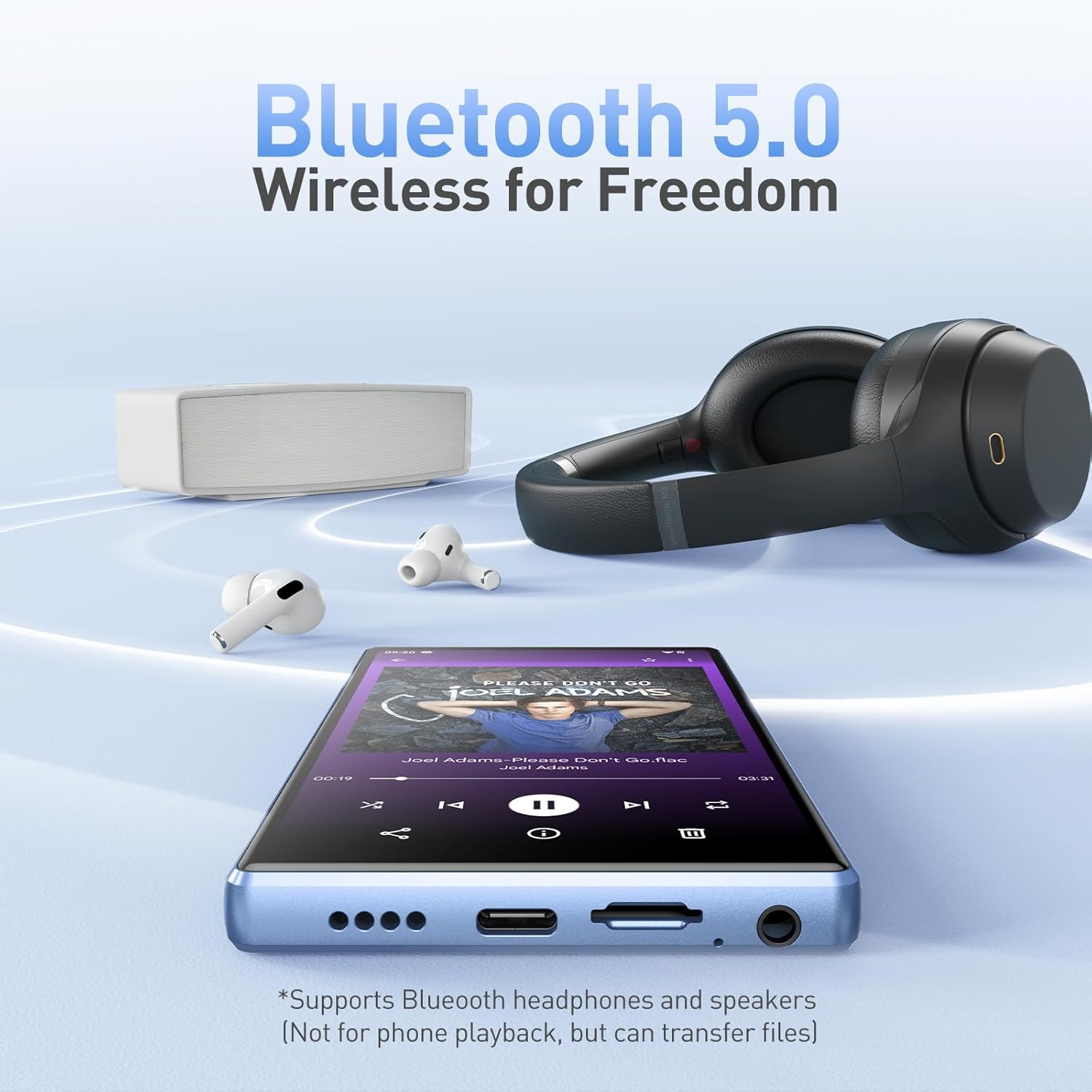 AGPTEK T09 5'' 128GB MP3 Player with Bluetooth and WiFi, Andriod 13 Player | Touch Screen Music Player with Spotify, Audible, Youtube, Up to 1TB(Blue)