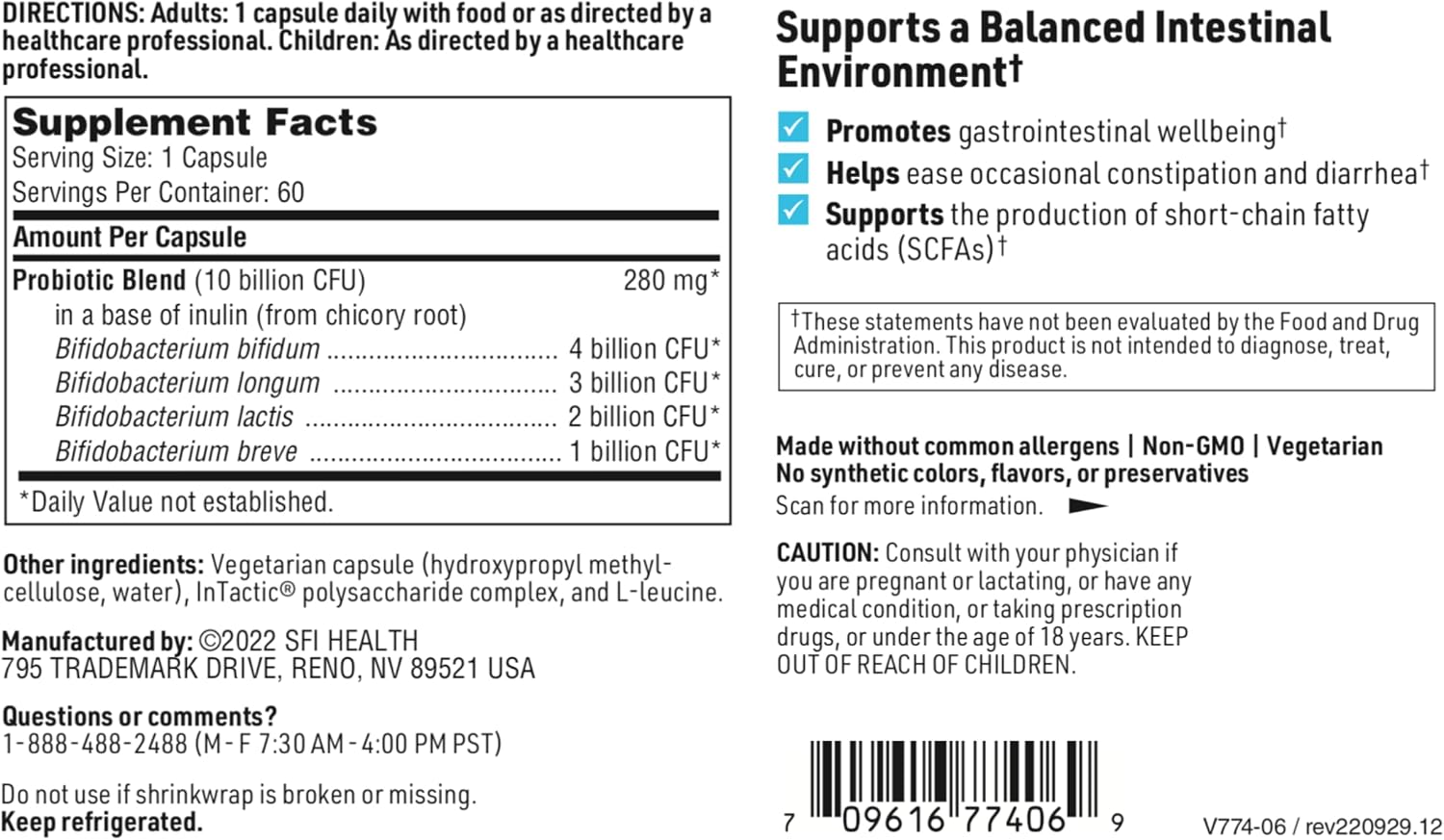 Klaire Labs SFI Health Ther-Biotic Factor 4-10b CFU Bifidobacterium Bifidum Probiotic with Breve, Lactis & Longum - Immune + Gut Health Support - Hypoallergenic Bifidobacterium Probiotic (60 Caps)