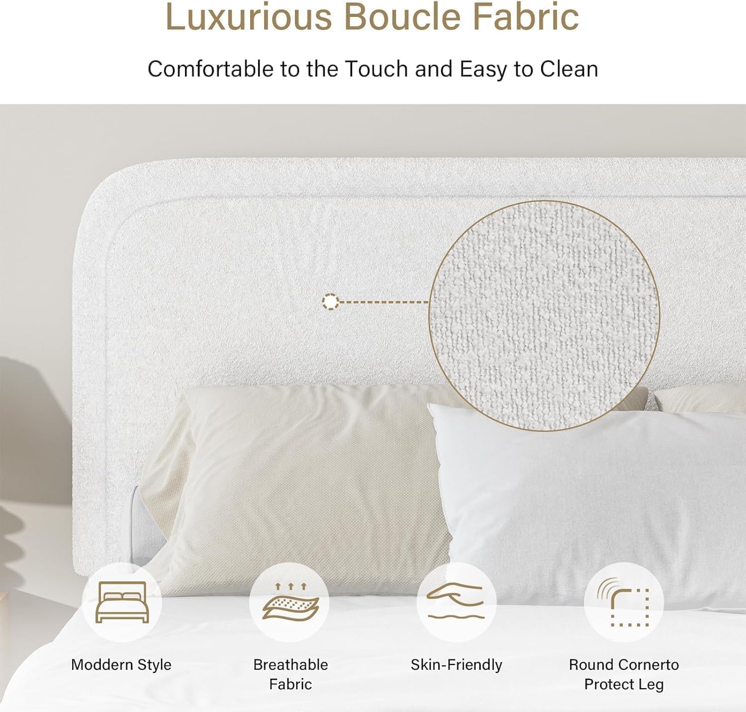 BarnFurin Full Bed Frame, Cloud Boucle Headboard, Rounded Corners, White | Soft boucle and rounded edges create a low-profile cloud look. Wooden slats support the mattress without a box spring