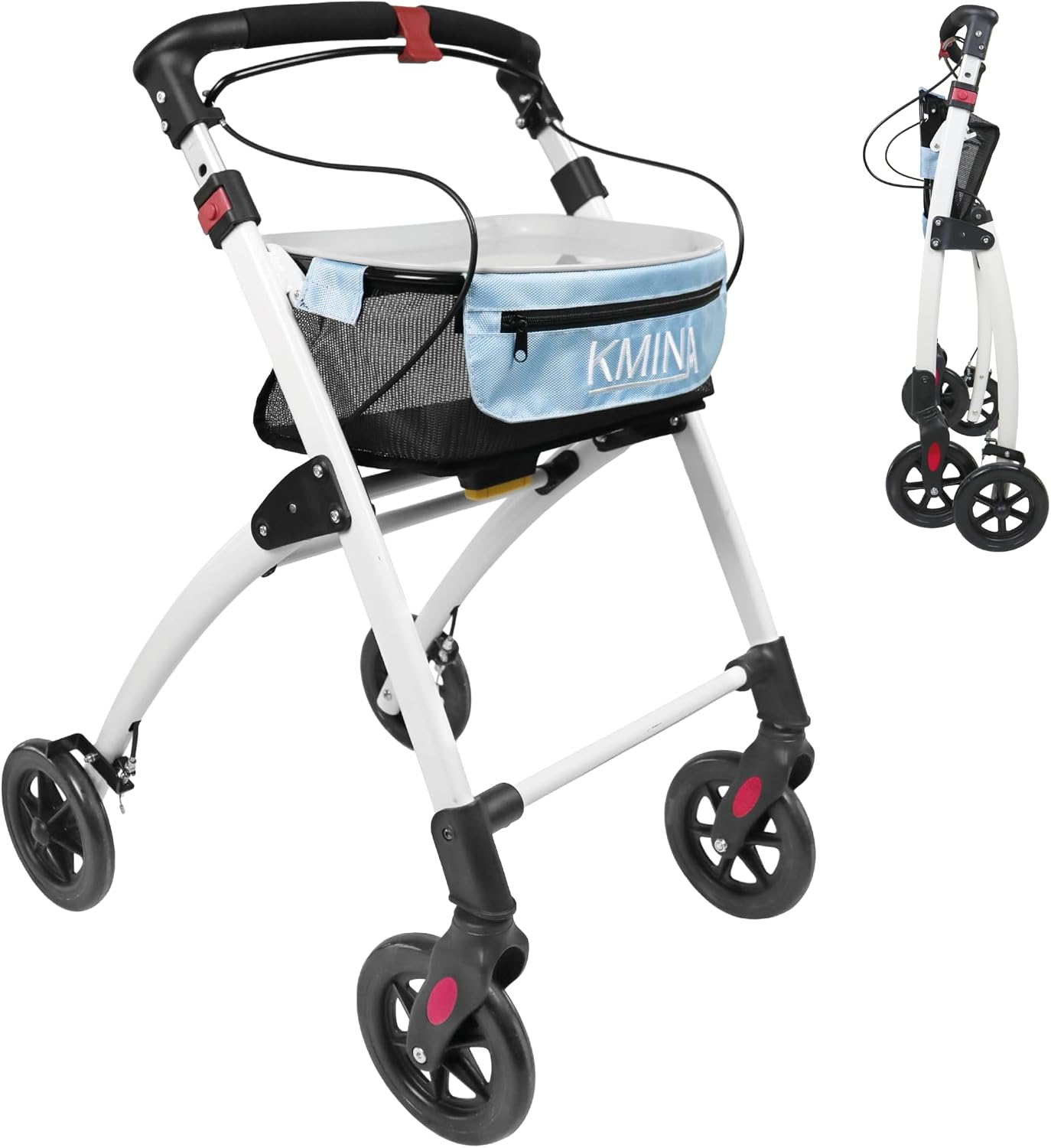 KMINA Narrow Walker for Small Spaces, Foldable Walker with Tray and Basket, 4 Wheels and Brakes, Lightweight Indoor Rollator for Seniors, Black, PRO Model