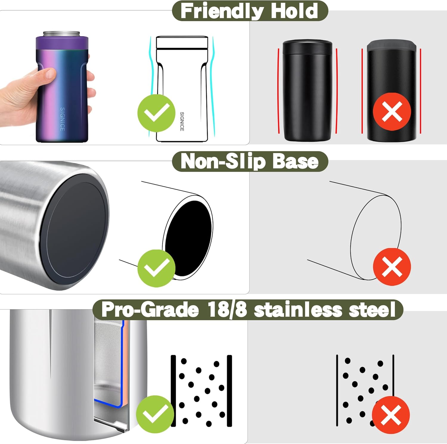 3 In 1 Insulated Universal Can Cooler - Signice Double Walled Vacuum Insulator Stainless Steel Slim Can Cooler for 12 Oz Skinny Tall Standard