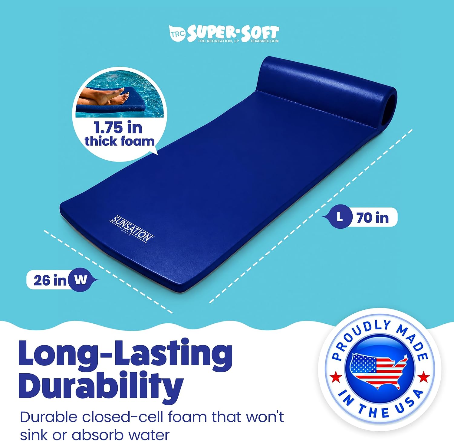TRC Recreation Sunsation 1.75" Thick Foam Pool Float Lounger w/ Headrest for Lounging & Sunbathing in Swimming Pools, Beaches & Lakes, 70" x 26