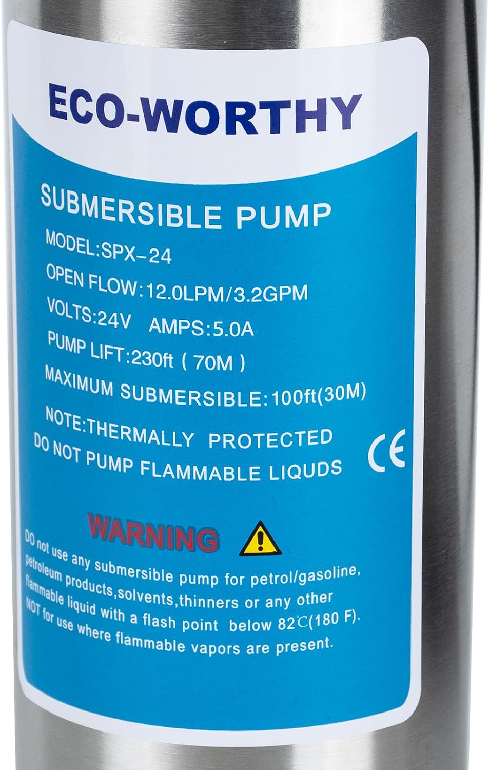 ECO-WORTHY 24V Submersible Deep Well Water Pump with 10ft Cable 1.6GPM 4'' 5A, Max Lift 230ft/70m, DC Pump/Alternative Energy Solar Battery Farm & Ranch Submersible Deep Well Pump