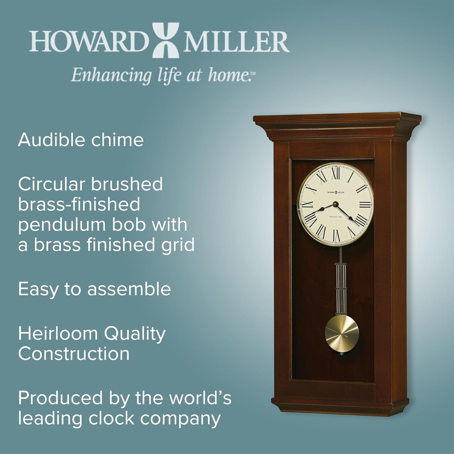 Howard Miller Continental Wall Clock – Westminster Chime, Brass Pendulum, Roman Numerals, Automatic Night Shutoff, Wood Finish