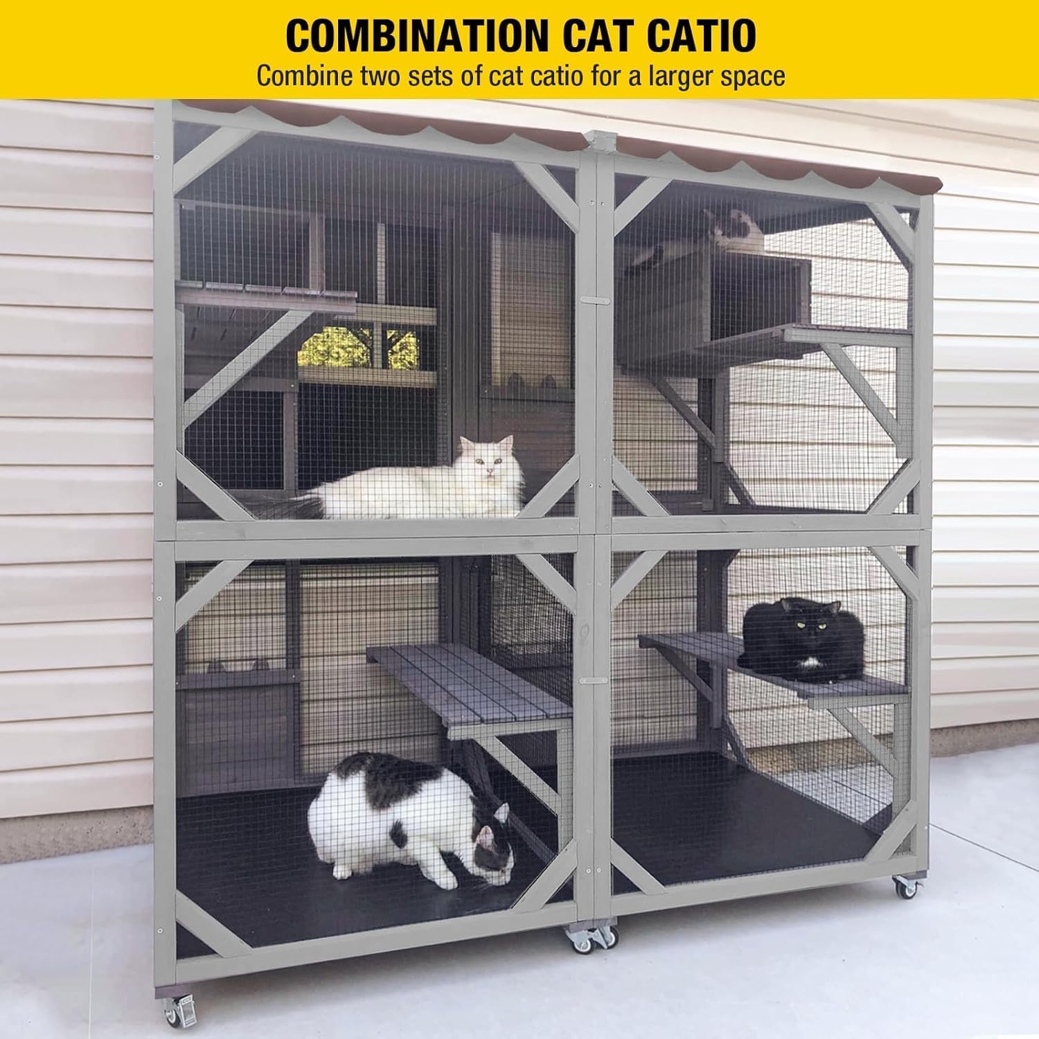 Aivituvin Cat House Outdoor Cat Catio Wooden Large Enclosure with Run on Wheels 70.9" Upgraded Version Catio with Reinforcement Strip