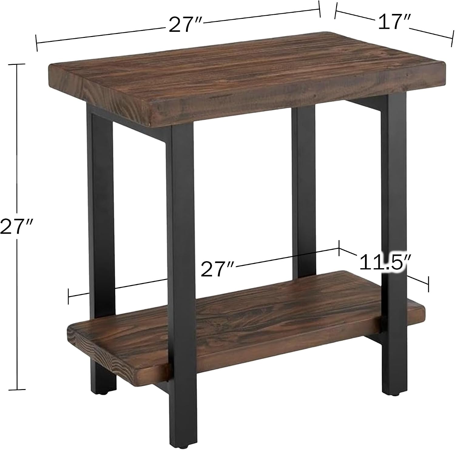 Alaterre Furniture Pomona Solid Wood 2-Tier End Table, Rustic Brown, 27” | Nightstand with Storage Shelf and Metal Legs, Industrial Farmhouse Chair Side Table for Living Room or Bedroom
