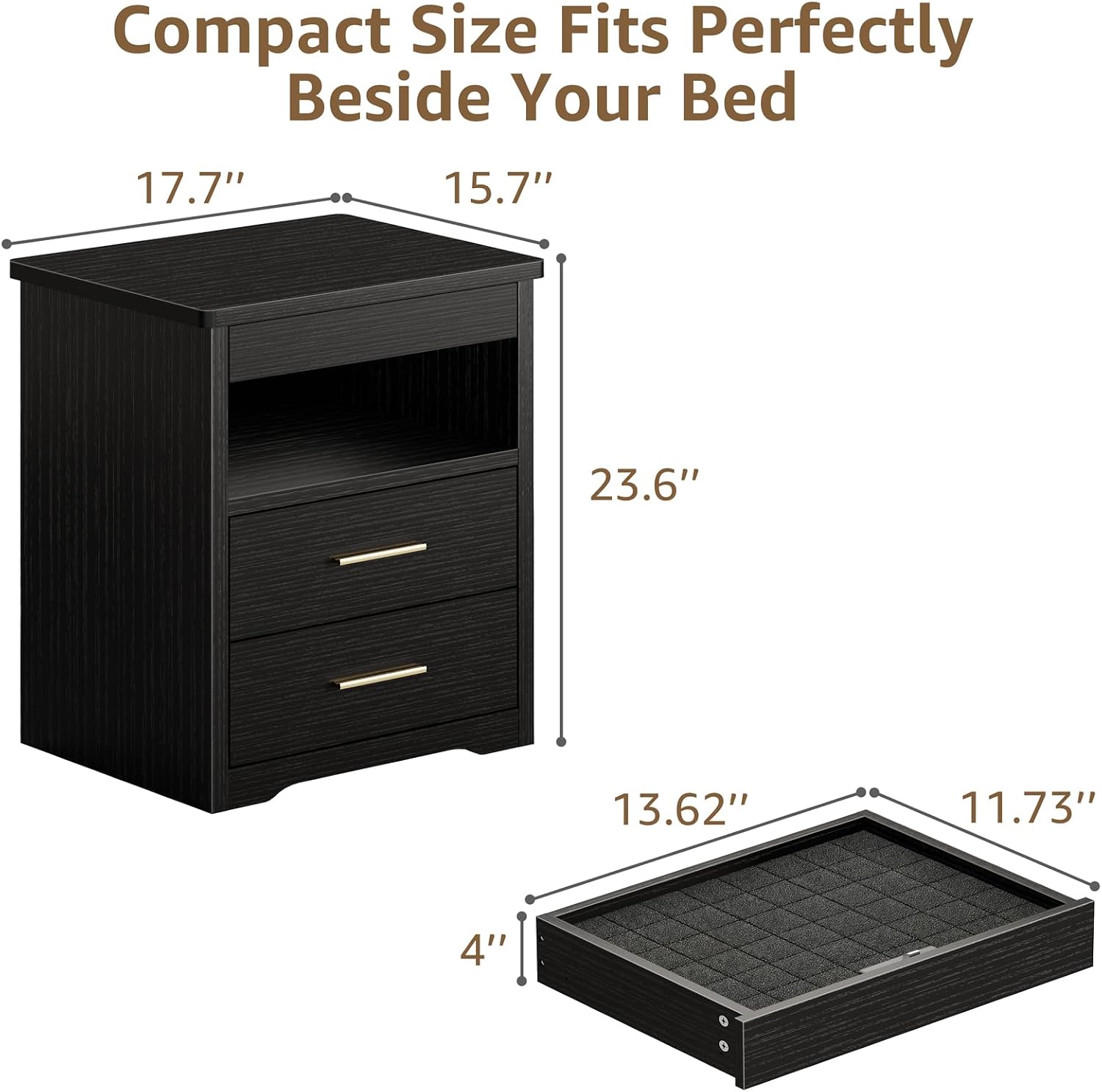 Black Nightstand with Gun Drawer for Bedroom - Modern 3 Drawers Night Stand Gun Safe for Handgun Bed Side Table with Storage Hidden Compartment