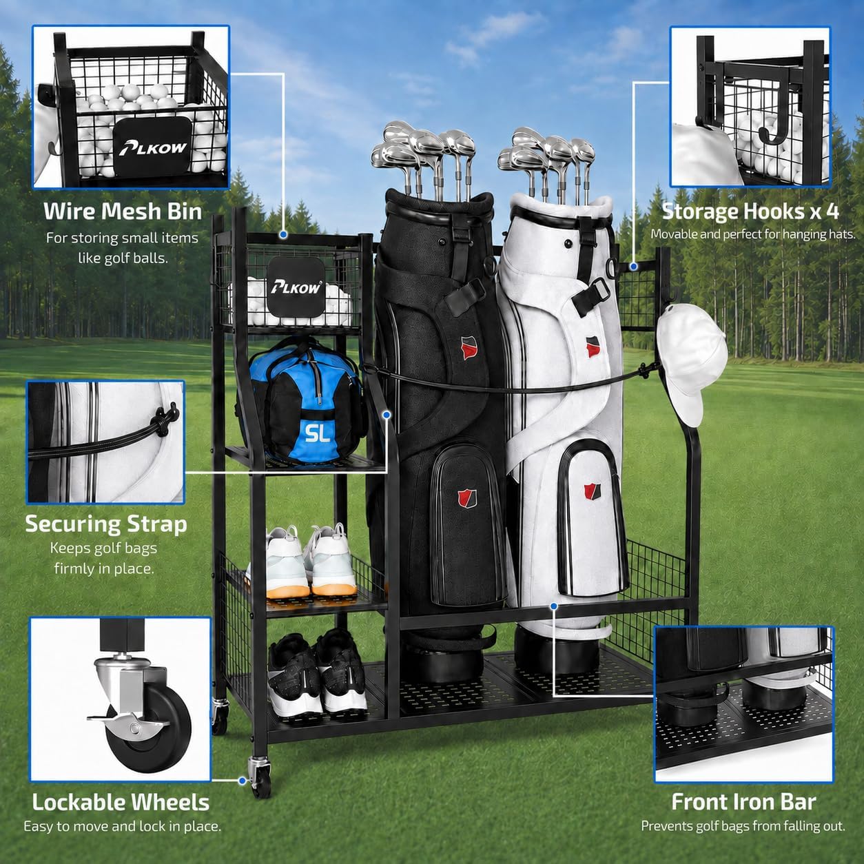 PLKOW Golf Bag Storage Garage Organizer, Extra Large Size Golf Bag Storage Stand and Golf Equipment Rack for Garage,Shed, Basement