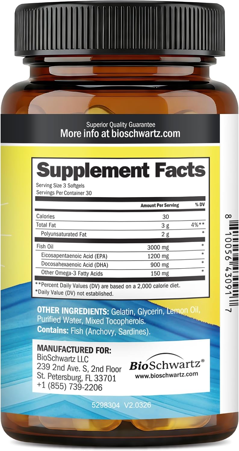 Triple Strength Omega 3 Fish Oil 3000mg for Women and Men, 90 Softgels | High Potency Omega 3 Supplement, Burpless Lemon Flavor Fish Oil - 2250mg Essential Fatty Acids with DHA & EPA, Wild Caught