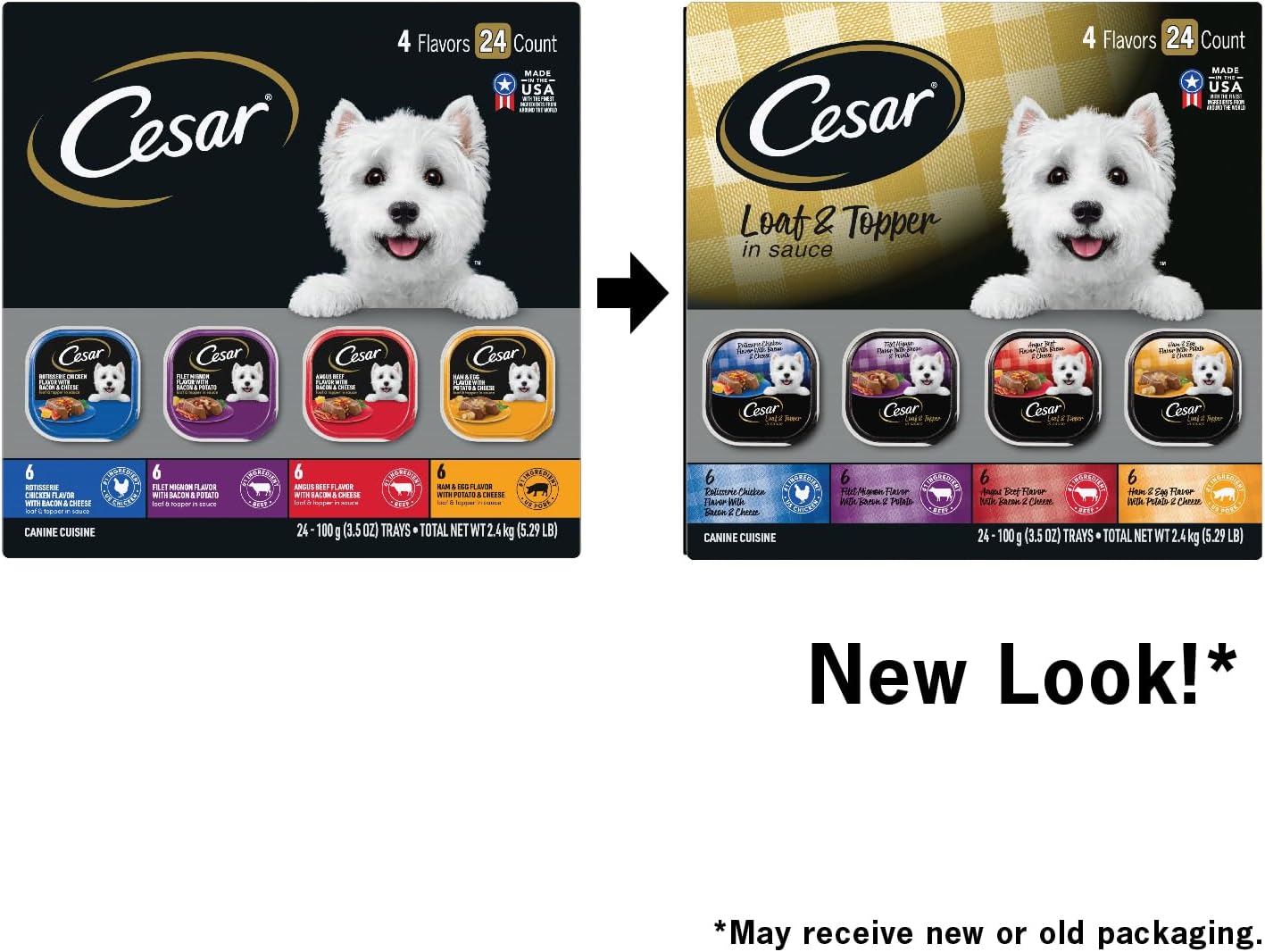 Cesar Loaf & Topper Wet Dog Food, Chicken & Filet, 3.5 oz, 12 Count, 2-Pack | Real beef or chicken #1 ingredient, no fillers or added sugar, no artificial flavors, complete & balanced, easy peel trays