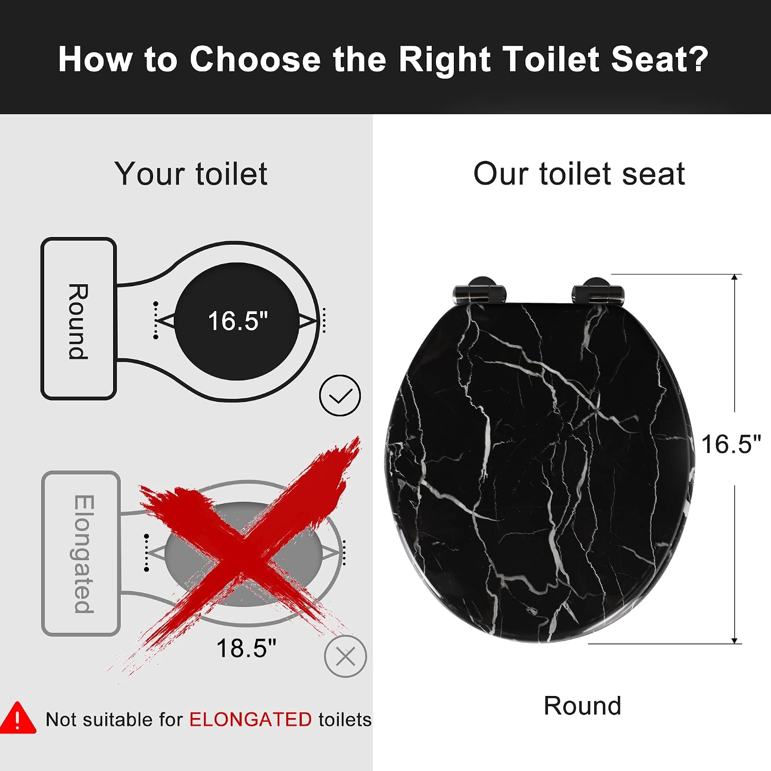 Angel Shield Marble Toilet Seat Durable Molded Wood with Quiet Close,Easy Clean，Quick-Release Hinges (Elongated,Black Marble)
