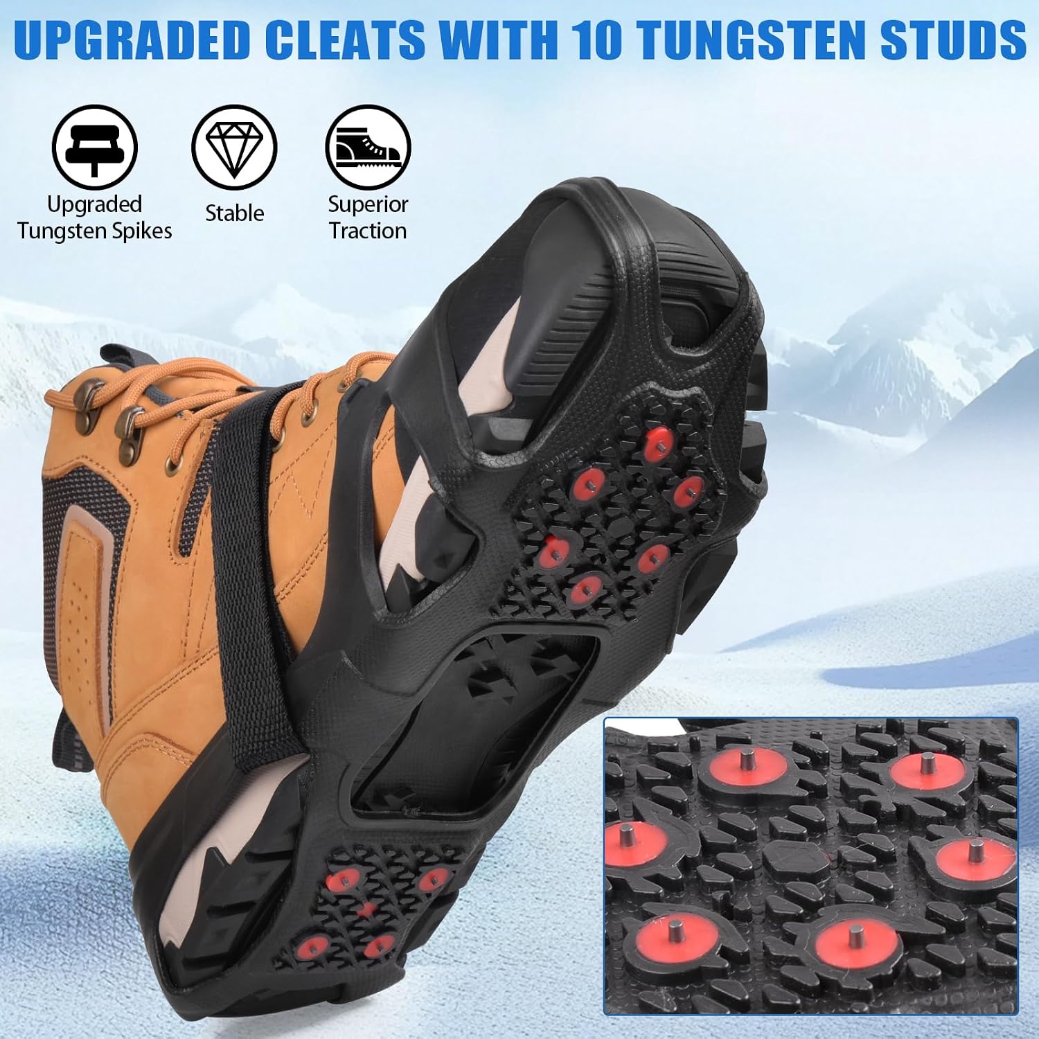 Ice Cleats Tungsten Crampons, Anti Slip Shoes Grippers with Reflective Heel, Ice Snow Cleats for Shoes and Boots Men Women Slip-on Overshoes Stretch Footwear