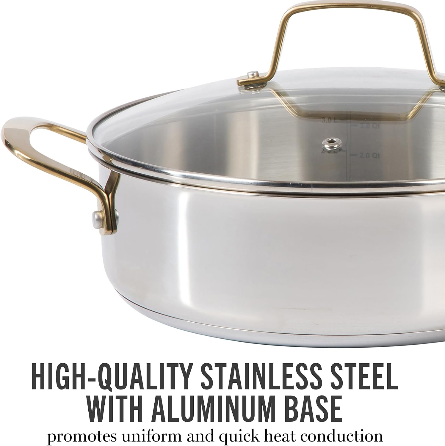 Martha Stewart Castelle 10 Piece 18/8 Durable Stainless Steel Induction Safe Pots and Pans Non-Toxic Kitchen Cookware Set - Gold Handles - Dishwasher Safe