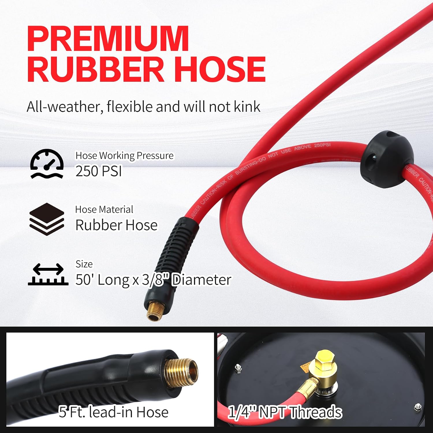 MaxWorks 50 Foot Auto Rewind Retractable Air Hose Reel with 3/8" Rubber Hose 250 PSI Heavy Duty Steel Spring Multi Position Ratchet and Solid Brass Fittings for Garage and Workshop (80720)