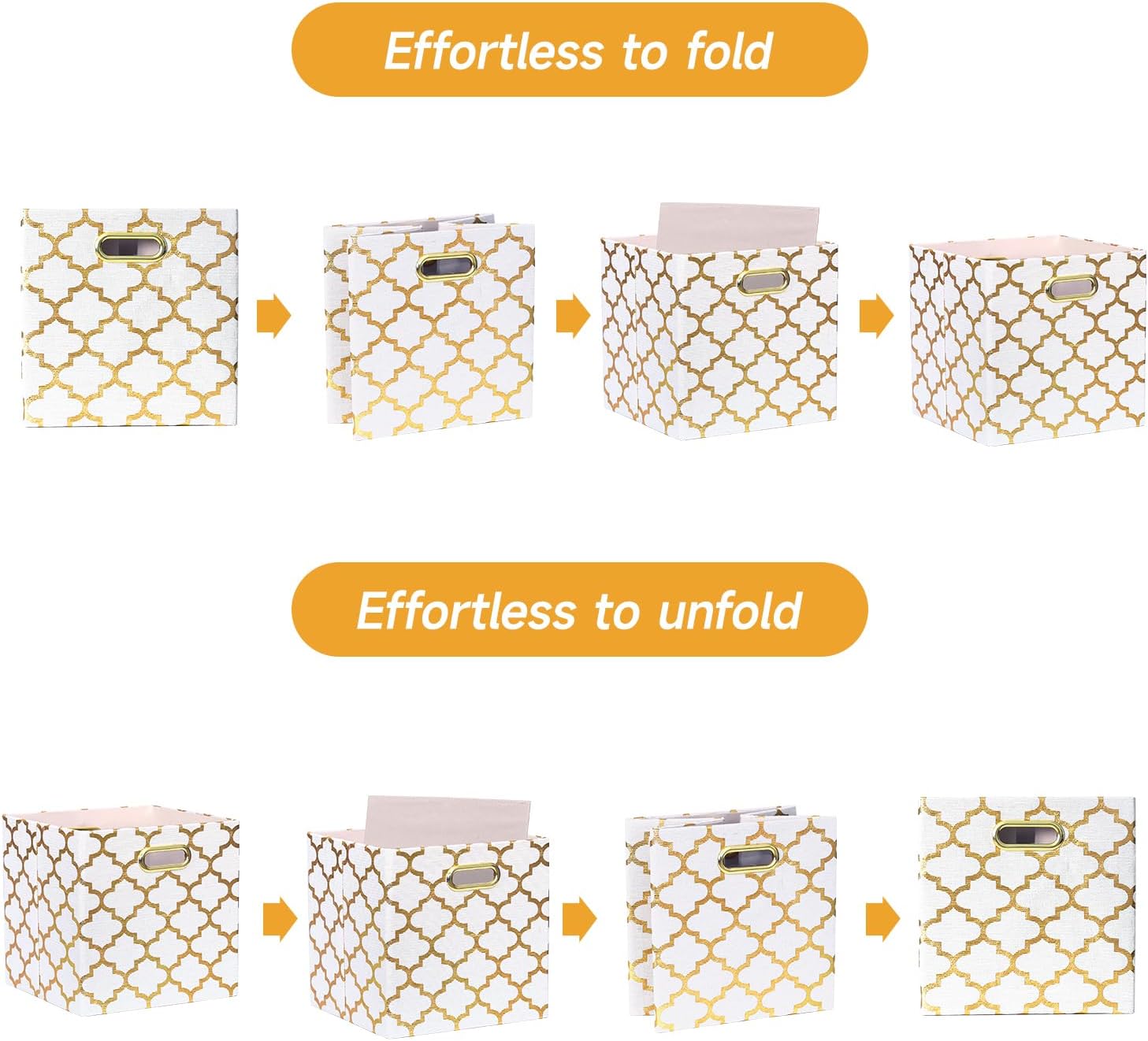 Posprica Storage Bins, Storage Cubes,13×13 Fabric Drawers Organizer Basket Boxes Containers (13×13×13/4pcs, Cream/gold geometry Pattern)