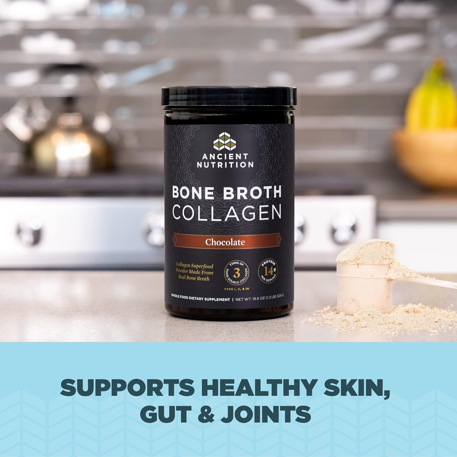 Ancient Nutrition Hydrolyzed Bone Broth Collagen Peptides, Chocolate