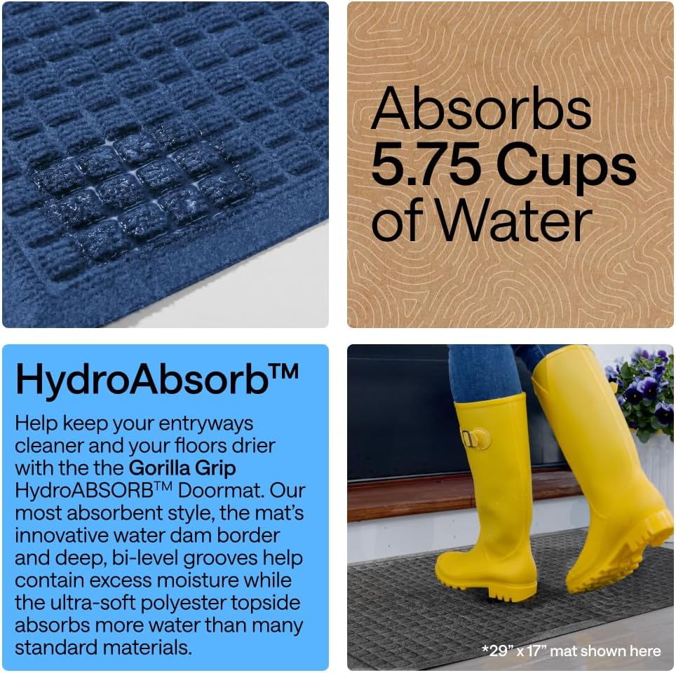 GORILLA GRIP® HydroABSORB Door Mat for Indoor Outdoor Use, 29x17 Black