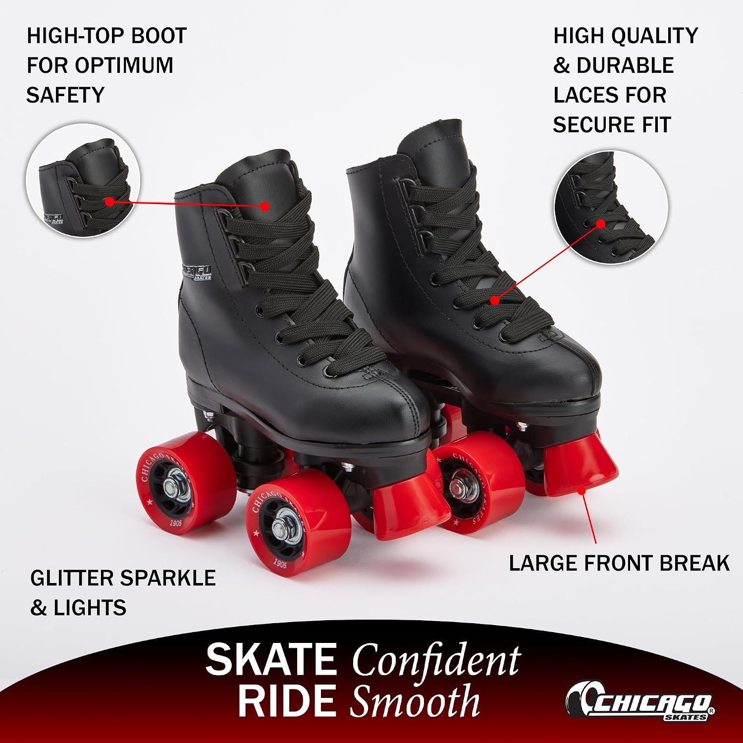 Chicago Rink Roller Skates for Girls & Boys – Durable Top Performance Indoor/Outdoor Use Skate Shoes with Padded Ankle Collar, Lace-Up & Velcro Strap – 54mm Urethane Wheels, Semi-Precision Bearings