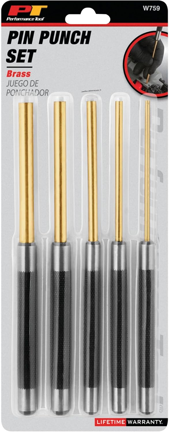 Performance Tool W759 5-Piece 8 in. Long Brass Pin Punch Set | Non-sparking soft metal striking heads. Knurled steel handles. Pin sizes from 1/8 to 3/8 inch
