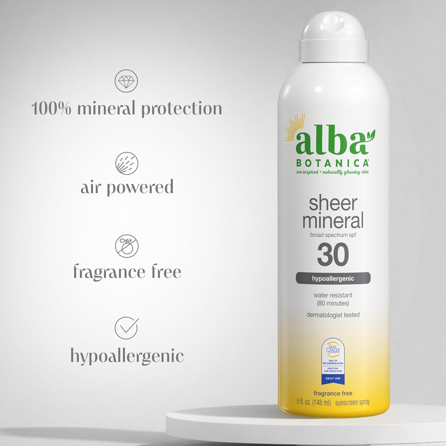 Alba Botanica Sheer Mineral Sunscreen Spray, SPF 30, Fragrance-Free Broad Spectrum, Water Resistant and Biodegradable, 5 fl. Oz. Bottle