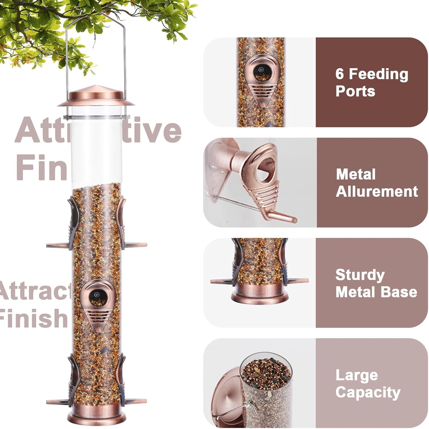 MIXXIDEA 1PK Metal Bird Feeders with 6 Feeding Ports, Tube Bird Feeder with Steel Hanger, Hard Plastic Wild Bird Feeder for Outdoors Hanging